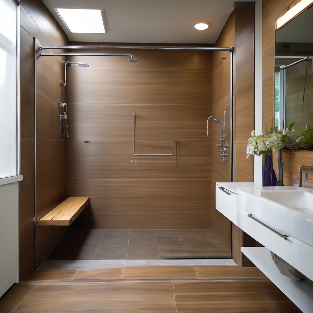 A bright, modern, and spacious bariatric-friendly bathroom featuring a wall-mounted toilet for easier cleaning, strategically placed steel grab bars, a wide turning radius for mobility aids, and a wall-hung vanity to increase floor space.