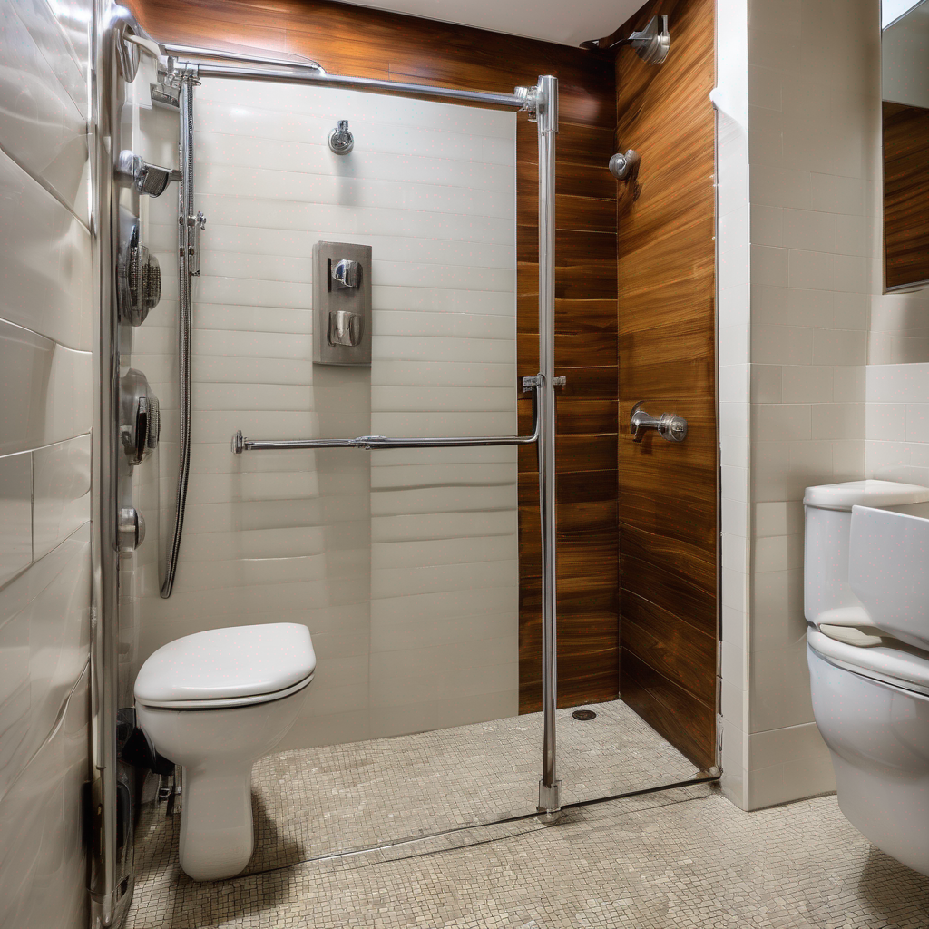 A zero-threshold, curbless walk-in shower designed for plus-size accessibility, complete with a durable, wall-mounted bariatric shower bench, a handheld shower wand, and non-slip tile flooring for maximum safety and comfort.