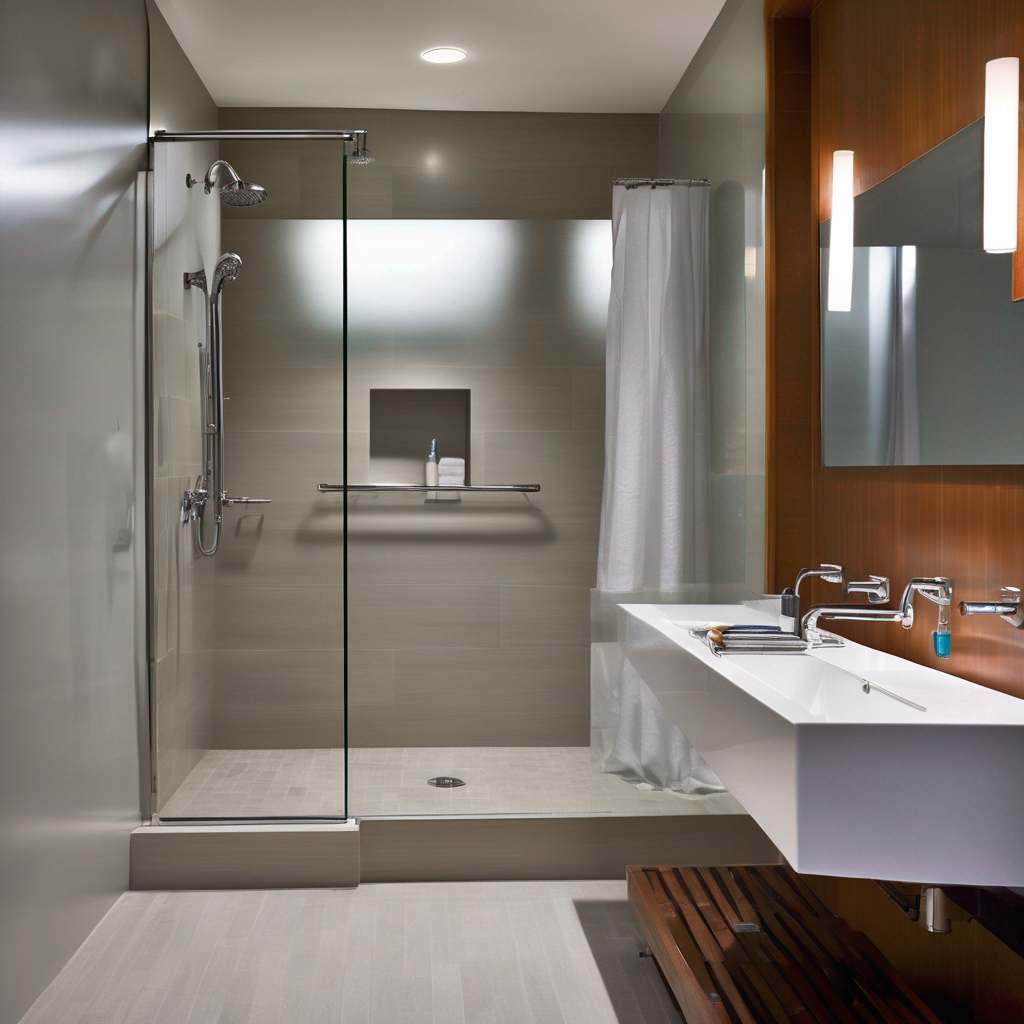 A luxurious, modern accessible bathroom featuring matte black designer grab bars that double as towel racks, seamlessly integrated into a gray-tiled walk-in shower.