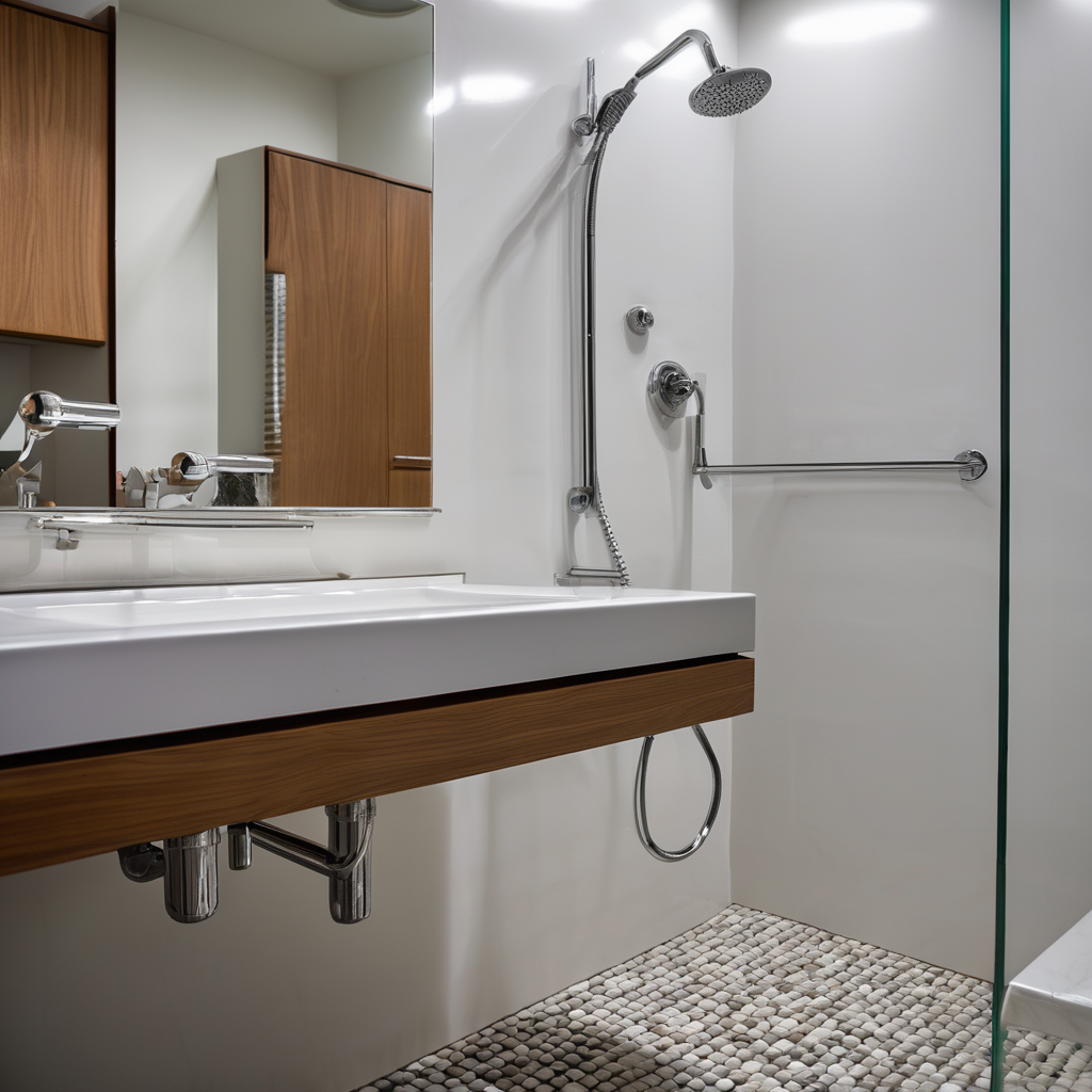 A spacious and bright universally designed bathroom with a zero-entry shower, where a parent is comfortably bathing a young child, demonstrating its family-friendly appeal.