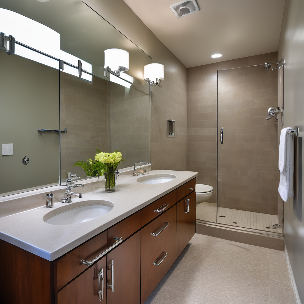 A bright, modern bathroom temporarily modified for post-surgery recovery, featuring a tub transfer bench, a handheld shower head, and non-slip mats.