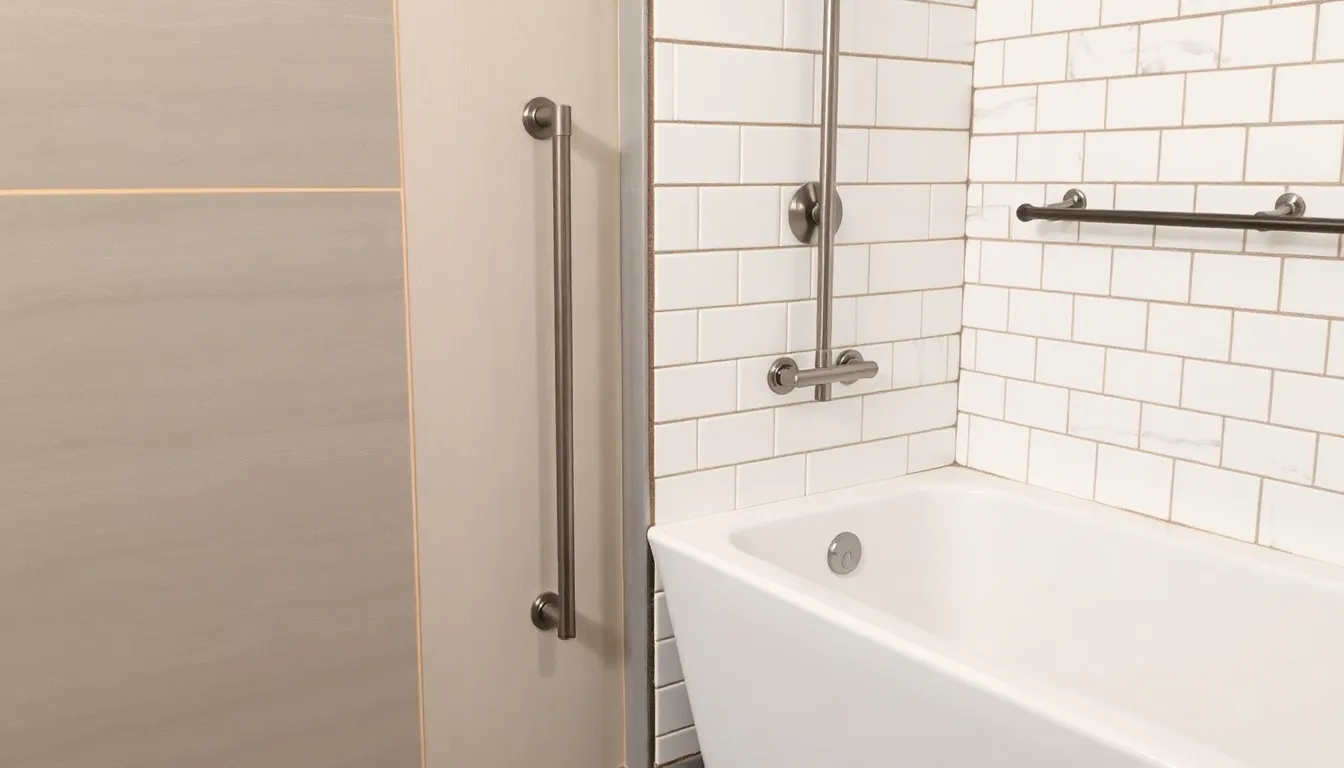 Variety of grab bar types and styles for bathroom accessibility, showing straight, angled, and flip-up bars in chrome and white finishes.