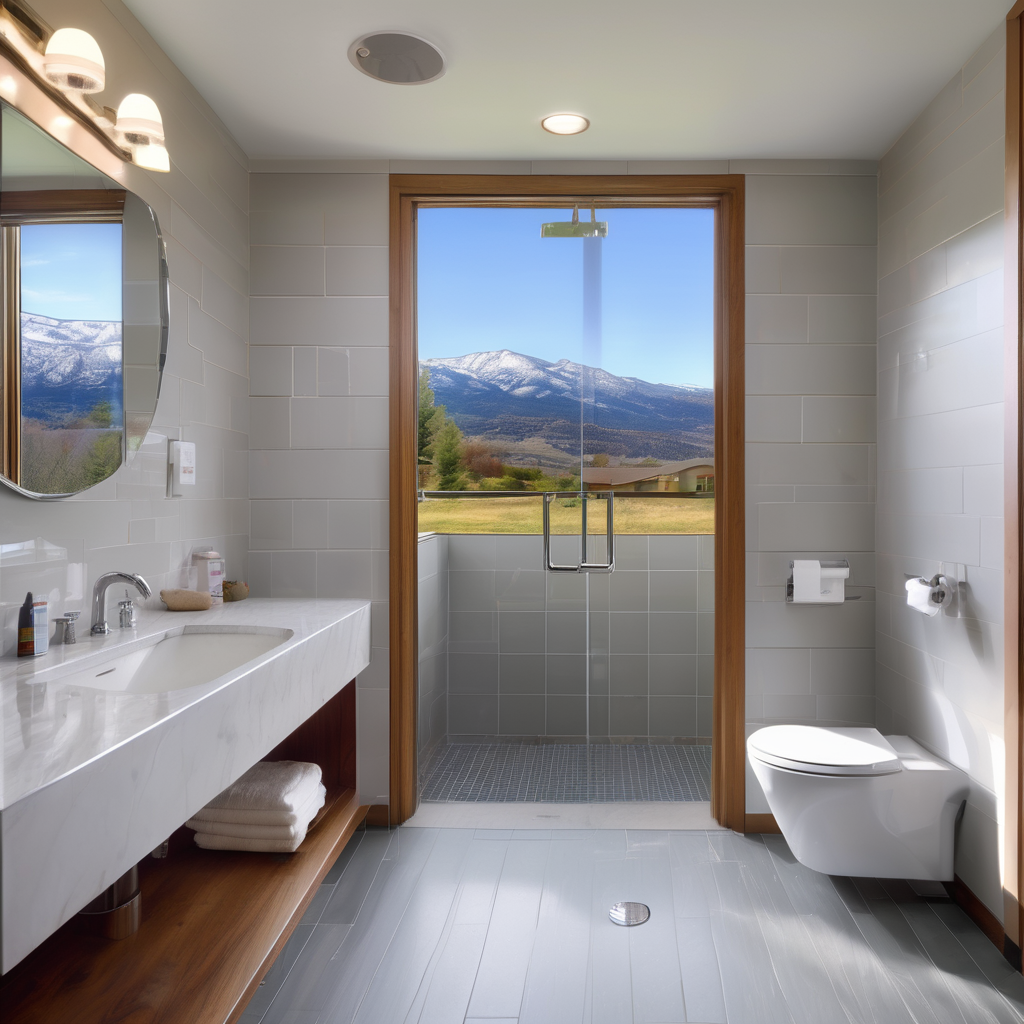 A modern, minimalist bathroom showcasing stealth accessibility; a sleek matte black grab bar is elegantly integrated as a towel holder next to a zero-threshold shower with large format grey tiles, demonstrating how safety features can enhance stylish design.
