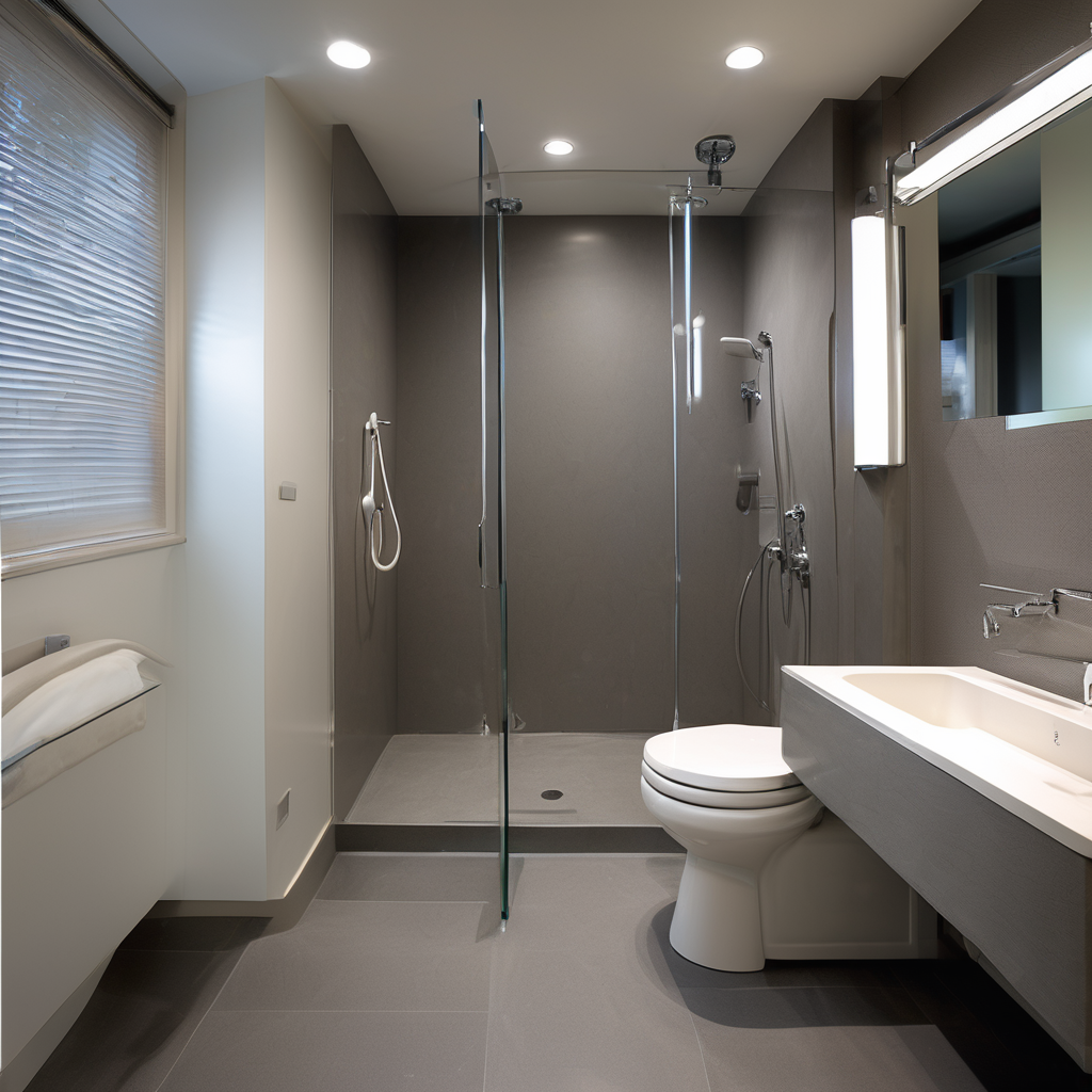 A bright, accessible bathroom designed with high-contrast principles, showing a dark floor against light walls and a walk-in shower with clearly visible grab bars and controls.