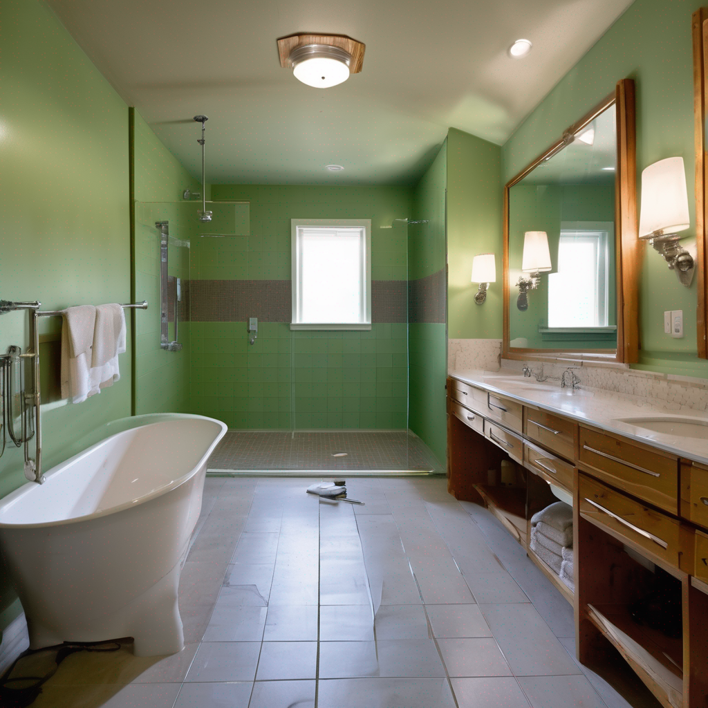 Detailed architectural blueprint of an ADA-compliant bathroom remodel, showing dimensions for a curbless walk-in shower, grab bar placements, and wider doorway, illustrating the complexity that requires a building permit.