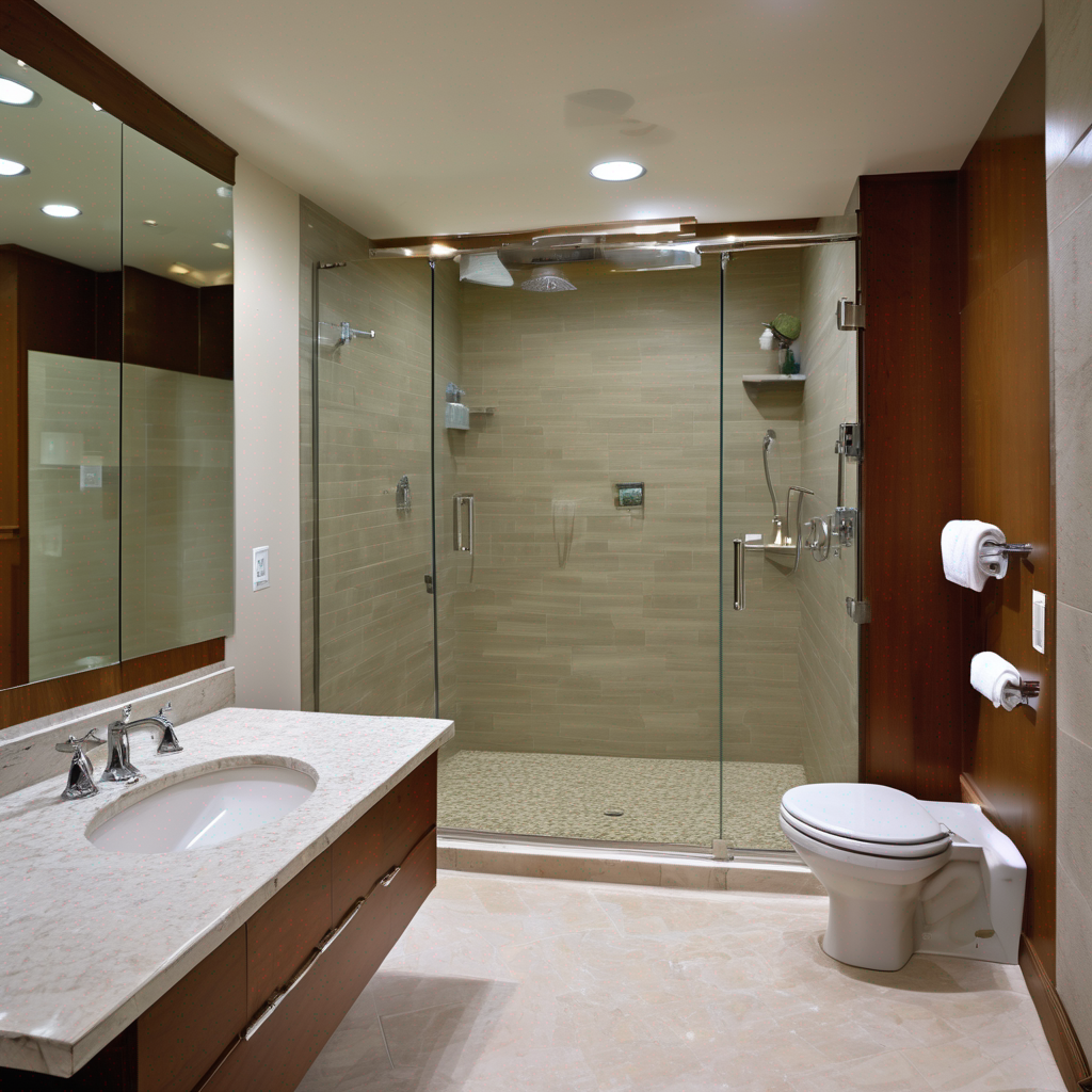 A breathtaking modern accessible bathroom featuring a zero-threshold curbless shower with a discreet linear drain, large-format grey tiles, and a sleek, wall-mounted shower bench, exemplifying luxury universal design.