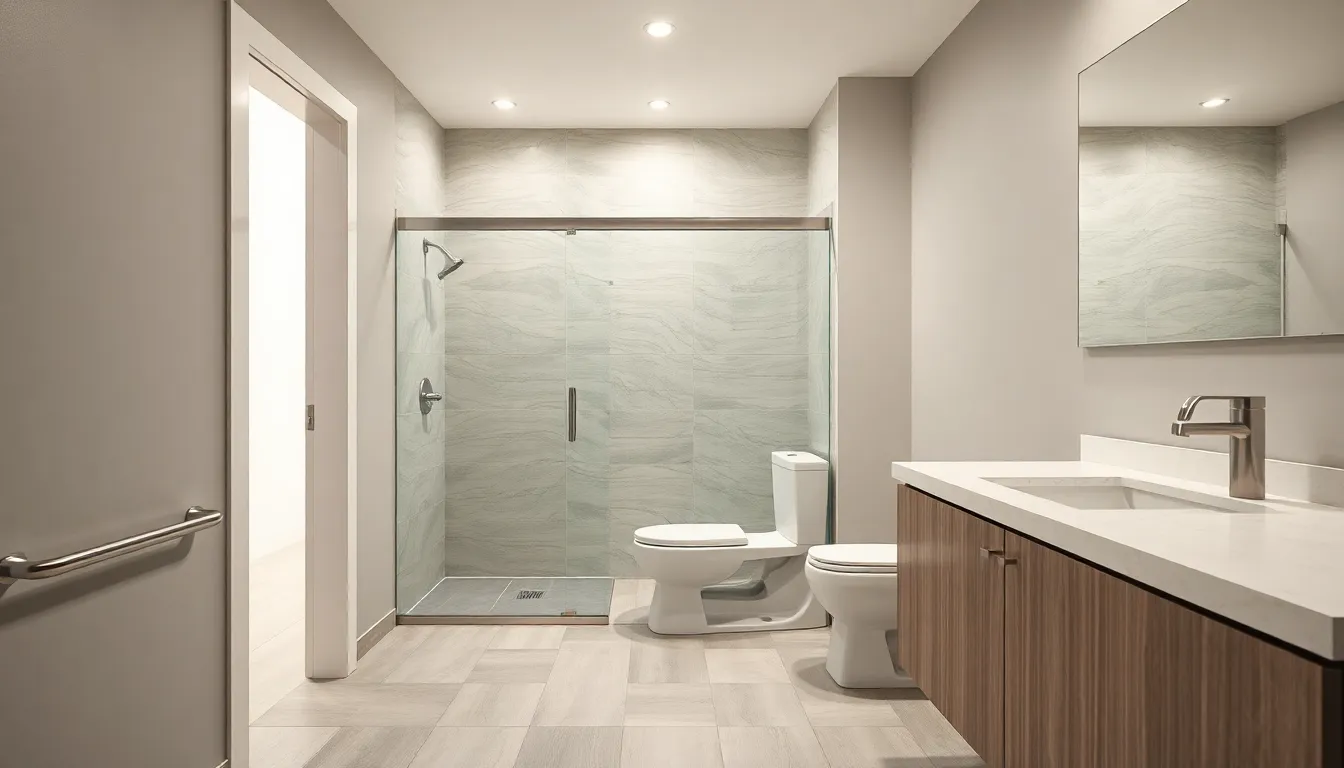 A sleek, wall-mounted accessible vanity cabinet in a modern bathroom, demonstrating ample knee and toe clearance for a wheelchair user.