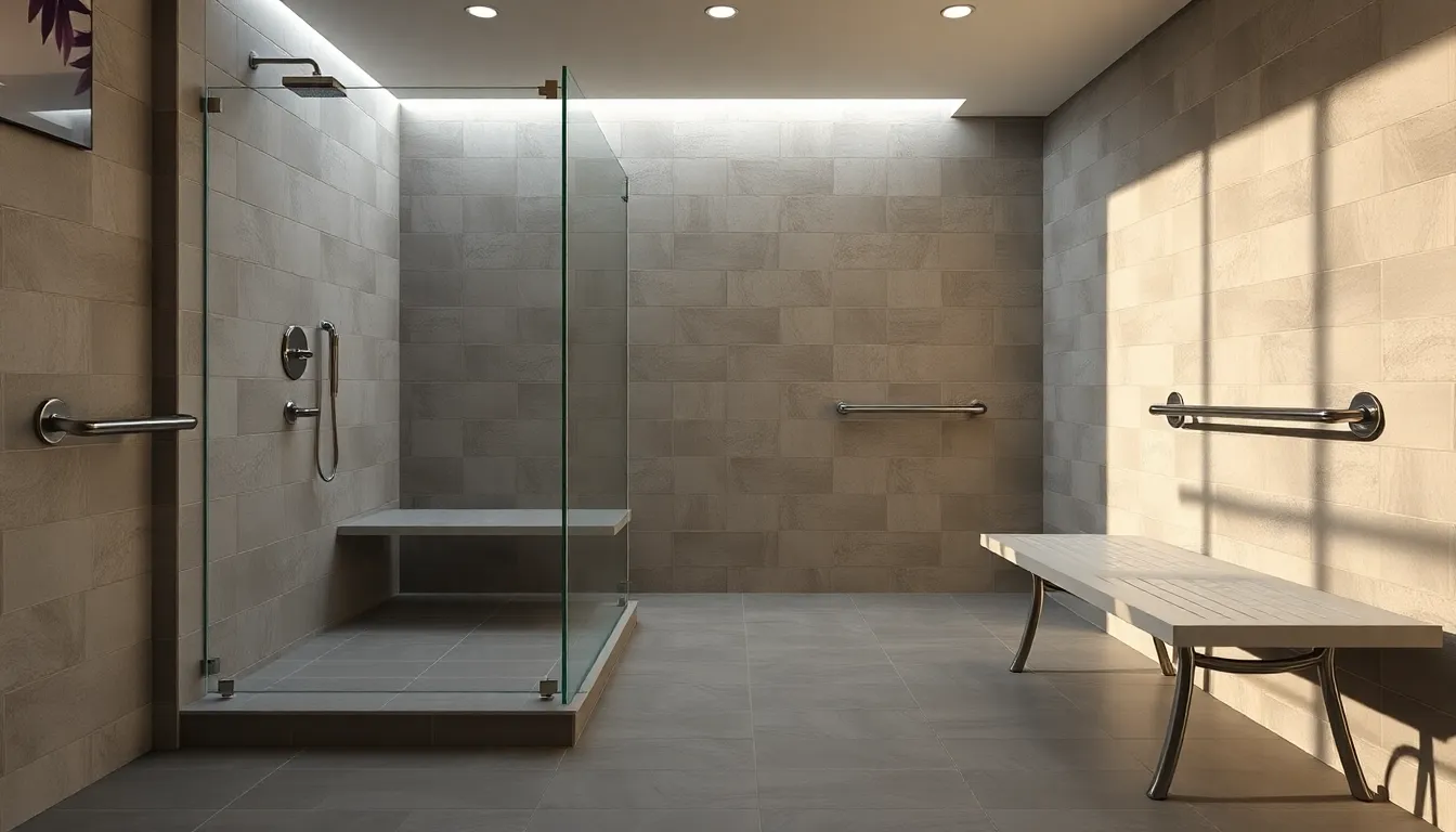 A spacious and modern curbless shower with non-slip gray tiles, a sleek linear drain, and a glass partition, demonstrating a perfect blend of accessibility and high-end design.