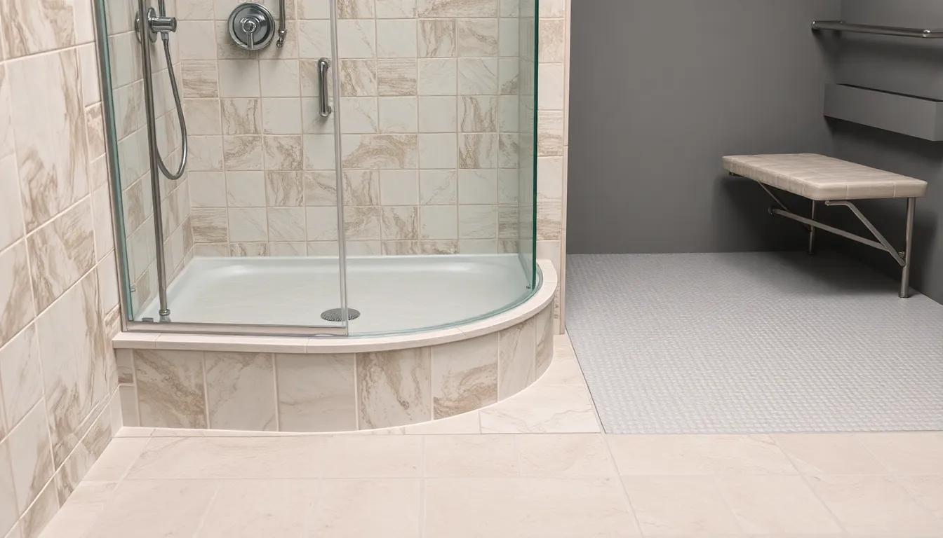 A construction view of a curbless shower installation, showing the bright orange waterproof membrane meticulously applied over a sloped mortar bed, highlighting the technical skill required.
