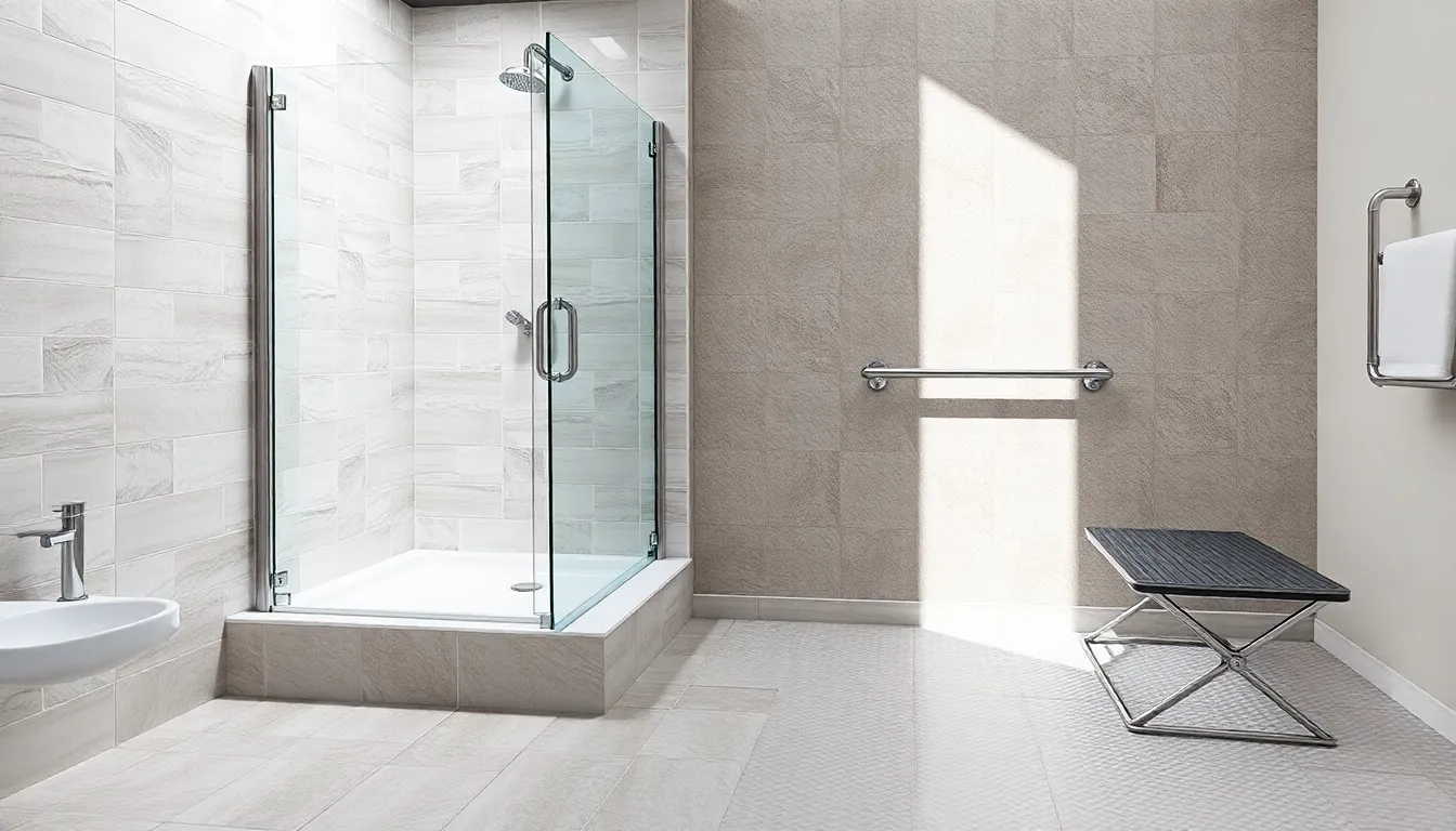 An accessible bathroom showcasing a spacious roll-in shower with a modern, sleek design, featuring a foldable shower bench, strategically placed grab bars, and a handheld showerhead.