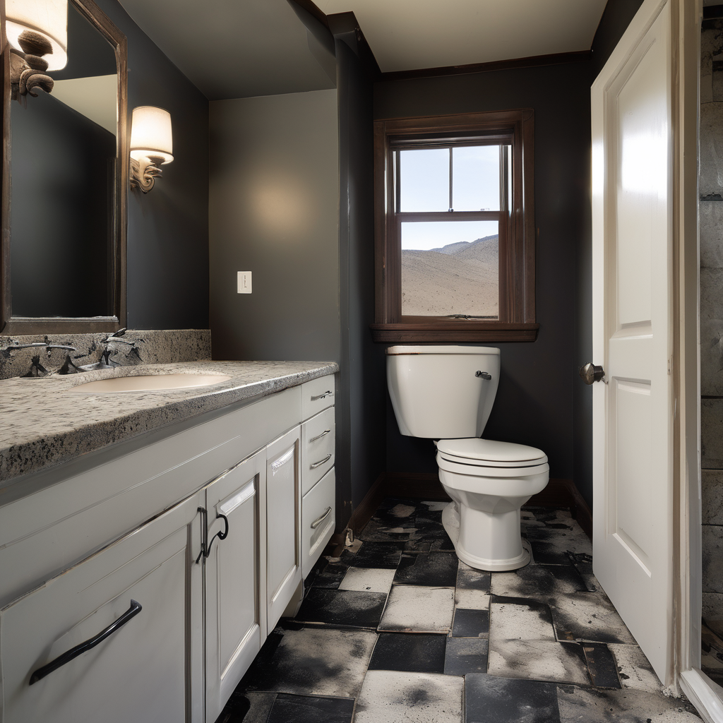 A modern, safe bathroom remodel featuring a curbless walk-in shower with a built-in teak bench and stylish matte black grab bars for support.